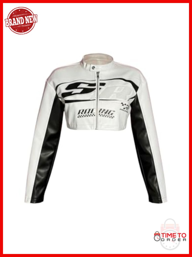 Pu Leather Cropped Jacket Zip Up Color Block Graphic Motorcycle Biker Coat